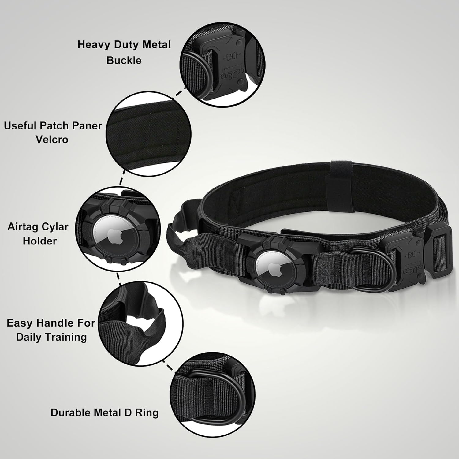 Tactical AirTag Dog Collar Leash Set - Heavy Duty, Adjustable GPS Collar Compatible with Apple AirTag, with Holder & Control Handle for Medium/Large Dogs [ Black, L ]