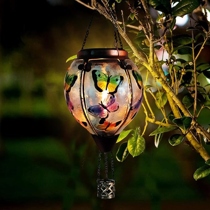 Glass Solar Hot Air Balloon Lantern with Flame Hanging Garden Flickering Light Outdoor Waterproof for Yard Patio Tree Mother's Day Gift, Butterfly