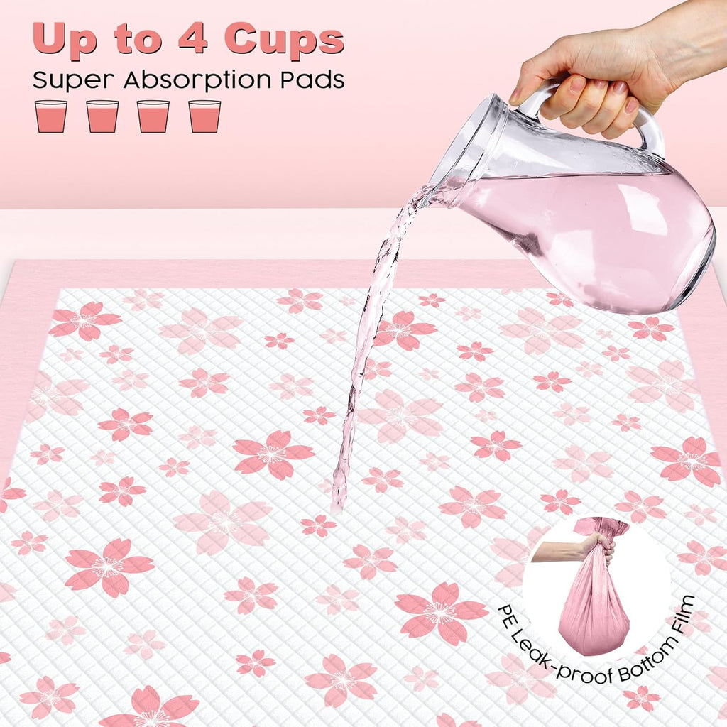 MIZOK Puppy Pads 22"x 22" with Leak-Proof Quick-Dry Design Pee Pads for Dogs Potty Training, 6-Layer Standard Absorbency Dog Pee Pads Regular Size, Pink Cherry Blossom Pattern (50 Counts)