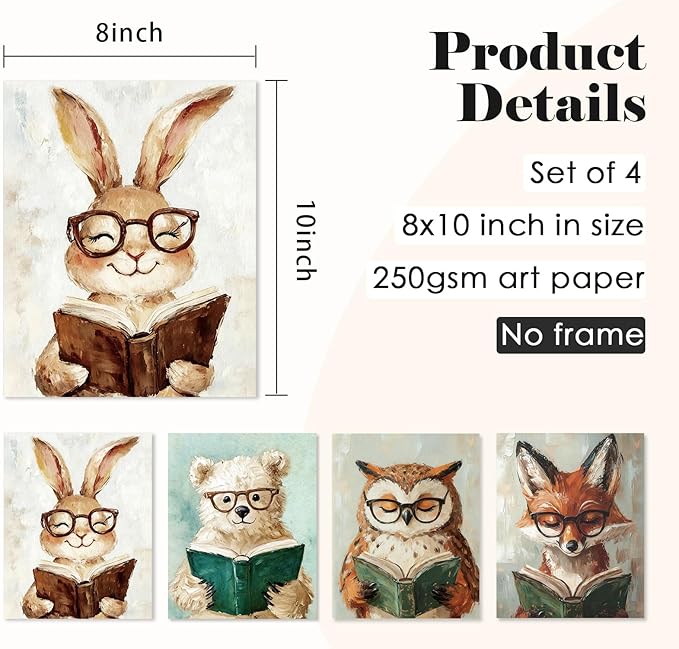 ShowDraven Woodland Nursery Animals Decor Wall Art Prints Poster, Baby Nursery Room Bedroom Bathroom Playroom Wall Art Decor for Nursery Kids Girls Gifts, Classroom Wall Decor, 8x10 Inch Unframed