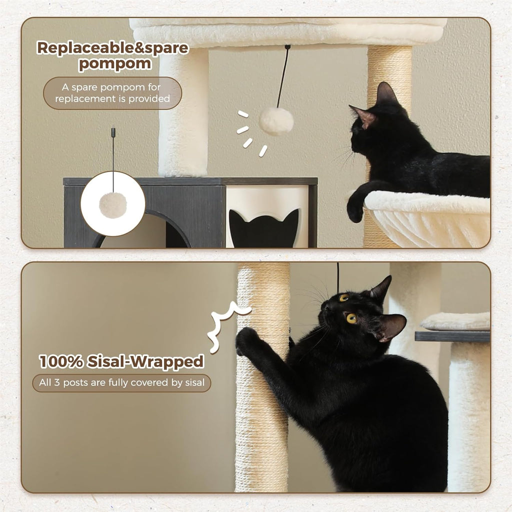 PEQULTI 57.5" Cat Tree with Litter Box Enclosure Large, Wood Cat Tower for Indoor Cats with Storage Cabinet and Cozy Cat Condo, Sisal Covered Scratching Post and Repalcable Dangling Balls, Black
