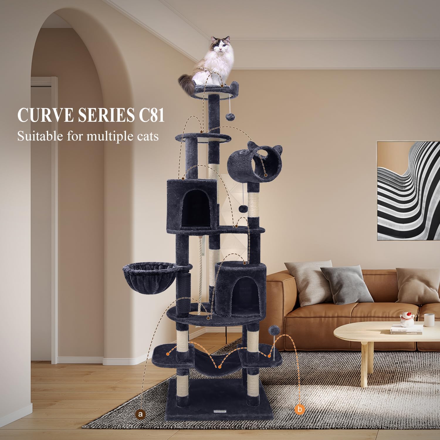 Globlazer Artistic Curved Cat Tower for Small Cats (Under 12 lbs), 81-inch Slim Design Cat Tree with Space-Saving Design, Indoor Cat Condo with Hammock & Tunnel, C81, Dark Gray, Non-Large Cats