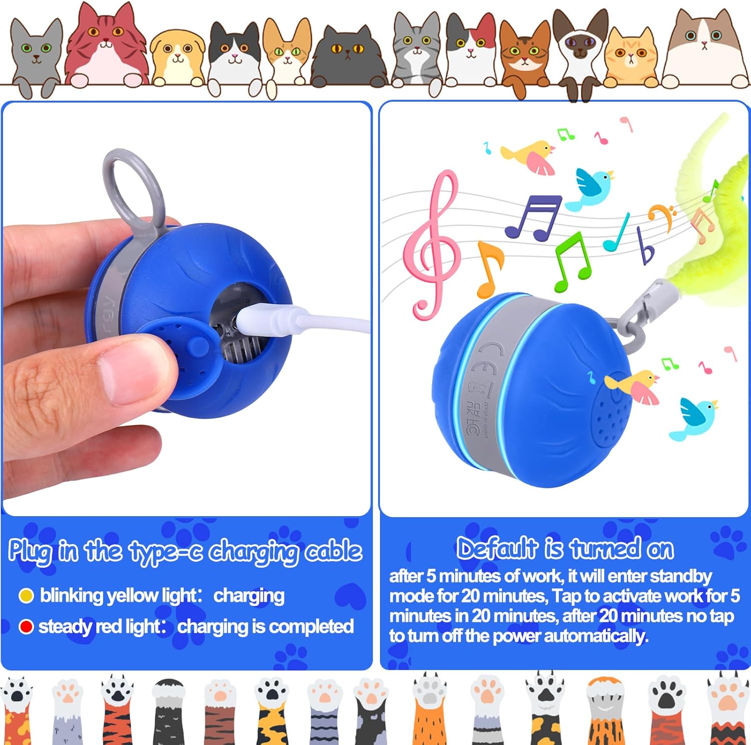 AIERSA Interactive Cat Toys for Indoor Adult Cats, Automatic Self-Play Cat Ball Toy for Kitten to Keep Them Busy, Electric Moving Chase Toy (Blue)