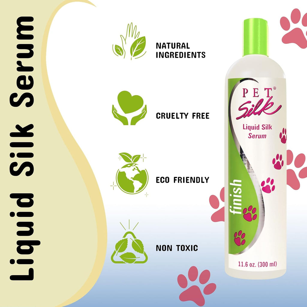 PET SILK Liquid Silk Serum, Leave-in Finishing Spray Conditioner & Detangler, Inused with Silk, Vitmain E & Panthenol Designed for a Shiny, Healthy & Moisturized Skin & Coat (11.6oz)