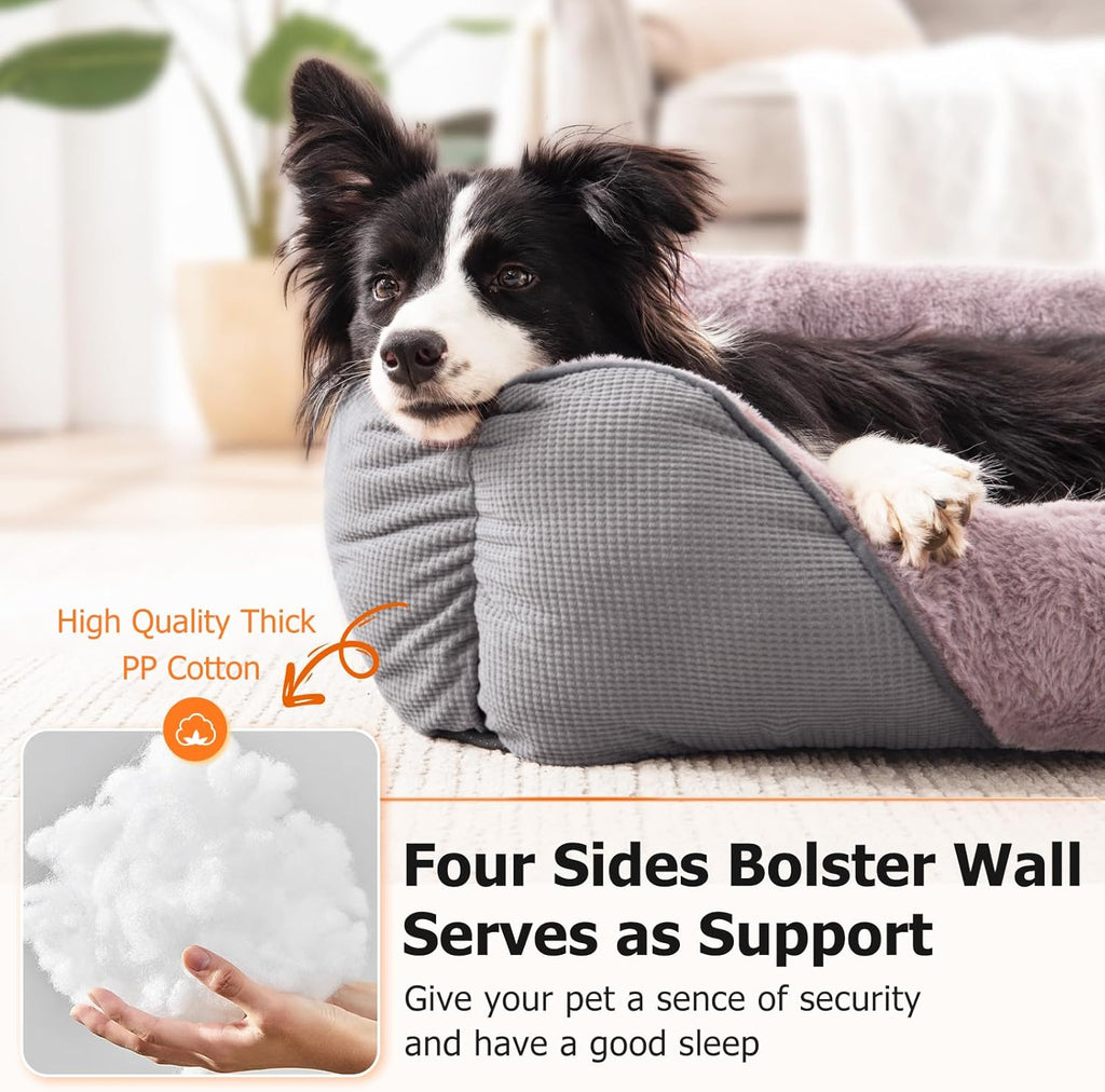 MIXJOY Dog Beds for Large Dogs, Big Pet Bed Large Size Dog Washable, Orthopedic Calming Soft Pet Beds Cuddler, Rectangle Sleeping Rabbit-Velvet Cozy Puppy Bed with Anti-Slip Bottom (35x25in, Grey)
