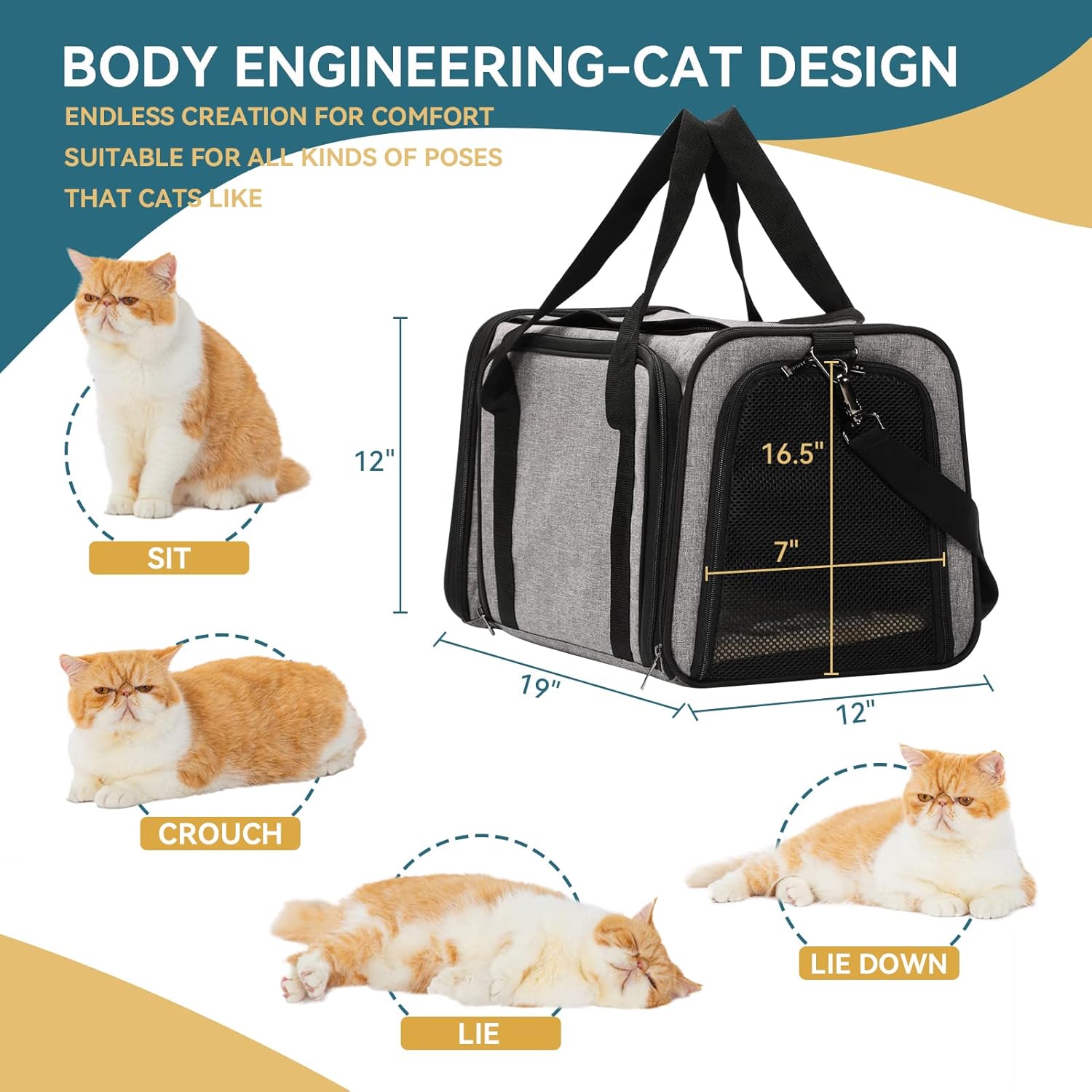 Petsfit Expandable Pet Carrier for Cat Or Puppy Up to 18 Pounds, Square Extension Add More Space, Washable Soft Pet Carrier for Home Outdoor Travel, 19"X12" X12" Gray