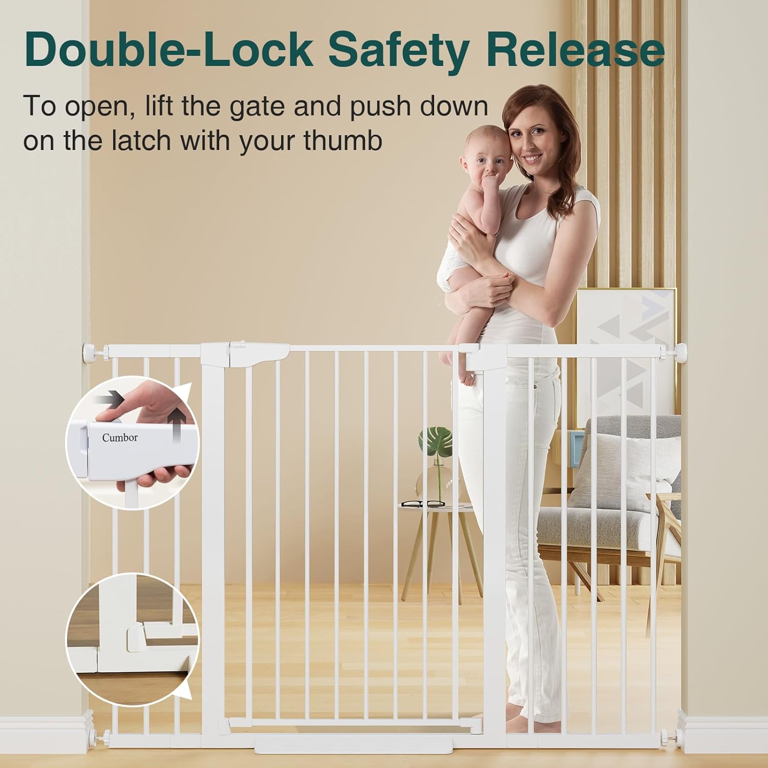 Cumbor 36" Extra Tall Baby Gate for Stairs, 29.7-54.2" Extra Wide Dog Gate for Doorways Hallways, Pressure Mounted Child Gate for Wide Opening, Auto Close Personal Safety for Babies and Pets, White