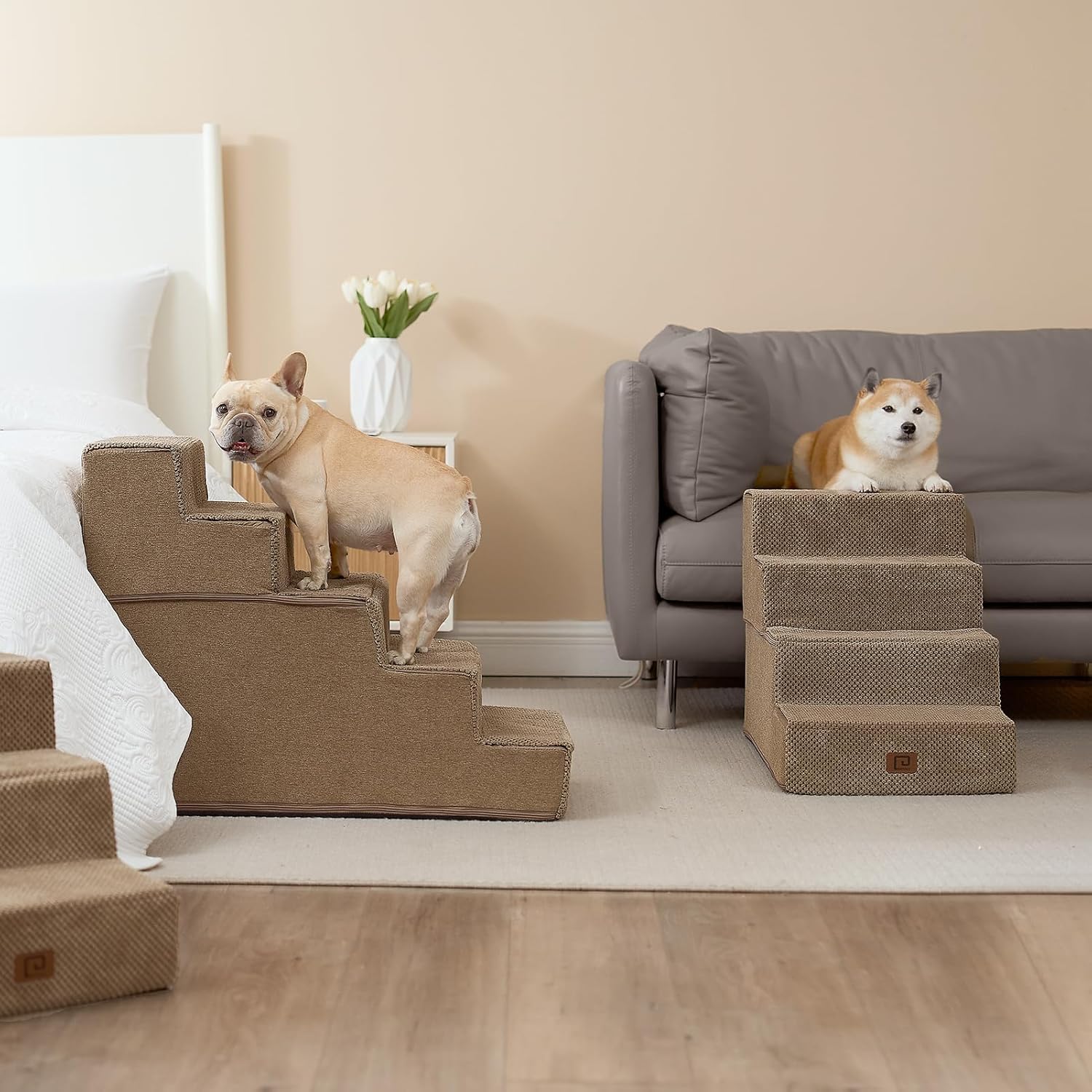EHEYCIGA Dog Stairs for Bed 18" H, 4-Step Dog Steps for High Bed, Pet Steps for Small Dogs and Cats, Non-Slip Balanced Pet Ramp Indoor, Camel