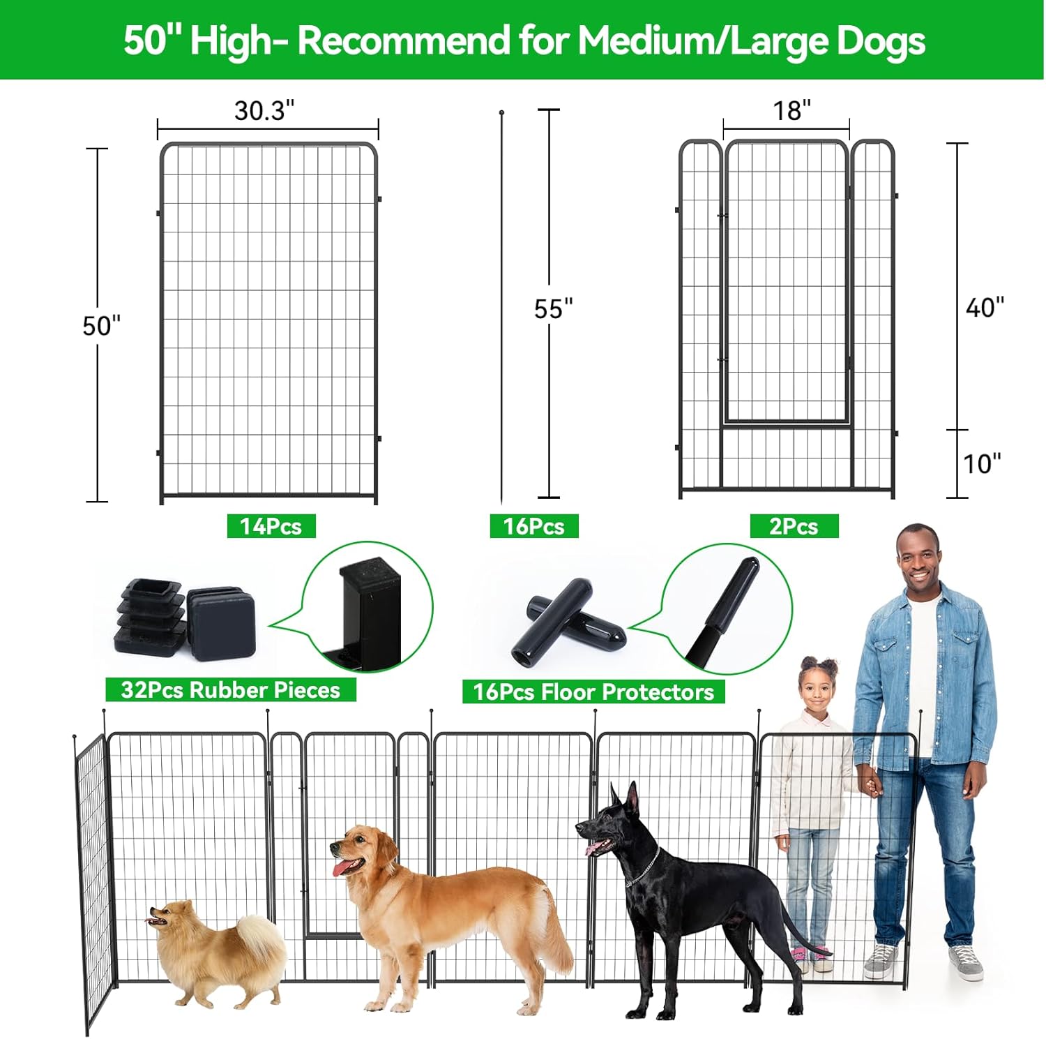 Dog Playpen Outdoor 16 Panels Heavy Duty Dog Pen 26" W×50" H Anti-Rust Exercise Fence with Doors for Large/Medium Pet Play for RV Camping Yard