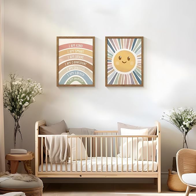 Dytila 2 Piece Framed Boho Rainbow Kids Room Wall Art, Positive Affirmations Playroom Wall Decor, Sun Smiley Face Nursery Painting Canvas Prints for Classroom Toddler Room Decor 12x16 Inch