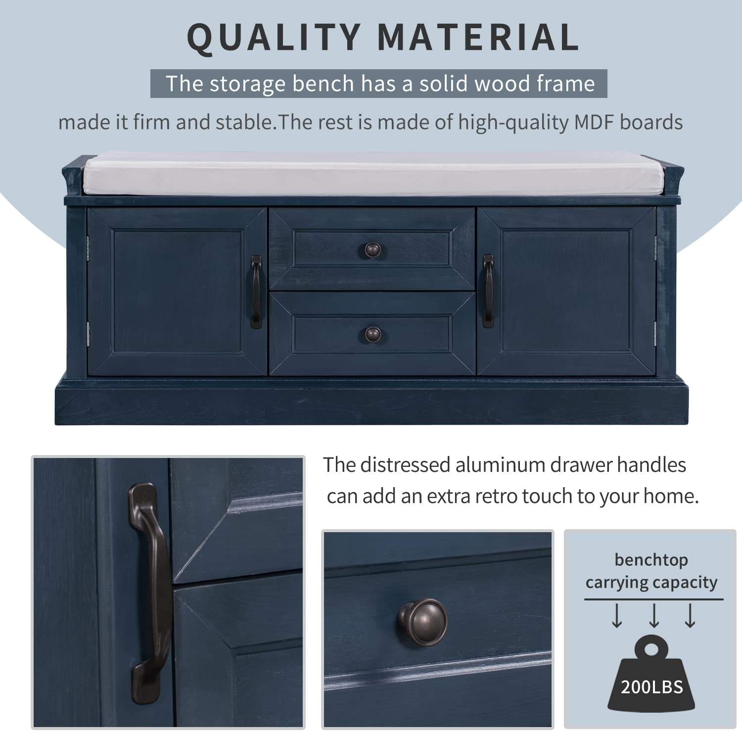 Storage Bench with 2 Drawers and 2 Cabinets, Pine Wood Shoe Bench with Removable Cushion for Living Room, Entryway 42.5" L x 15.9" W x 17.5" H (Antique Navy)
