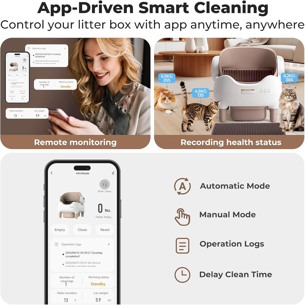 Self Cleaning Litter Box, Automatic Cat Litter Box with APP Control, Odor-Free Waste Disposal Includes Trash Bags, Large Waste Bin, Open-Top, for Multiple Cats