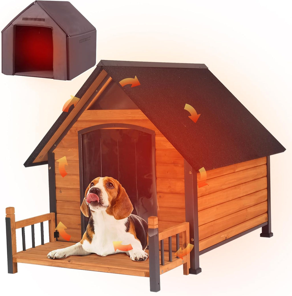 Large Dog House Outdoor Insulated Weatherproof Dog Kennel with Insulated Liner, Dog Shelter for Large Breed with Anti-Chewing Iron Fram and Porch (Brown, 50.9" D x 37.4" W x 37.2" H)