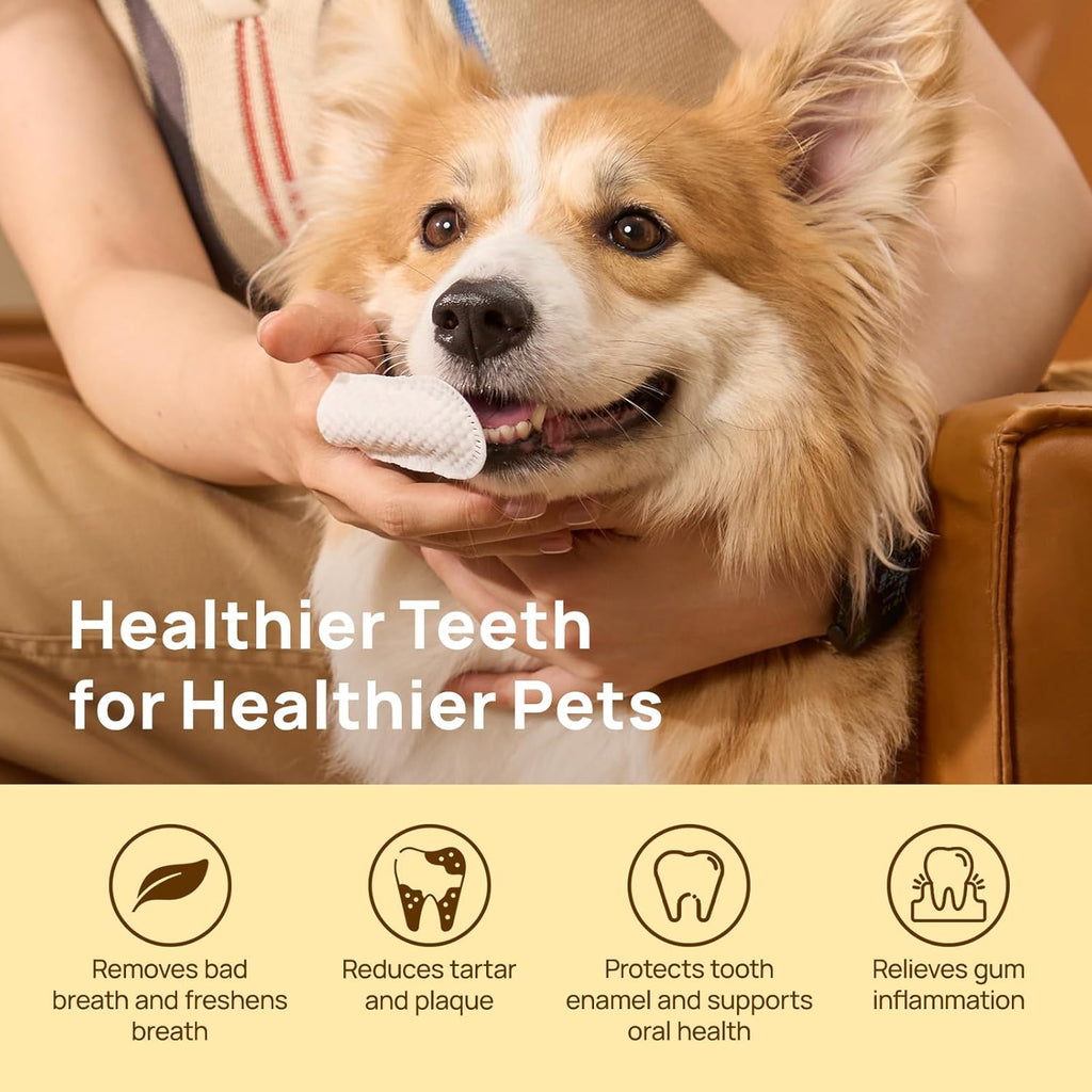 HICC PET Teeth Cleaning Wipes for Dogs & Cats, Vet-Recommended Remove Bad Breath & Plaque & Tartar Buildup Dog Finger Toothbrush Wipes, No-Rinse Dog Tooth Brushing Kit Gentle Cleansing & Gum Care