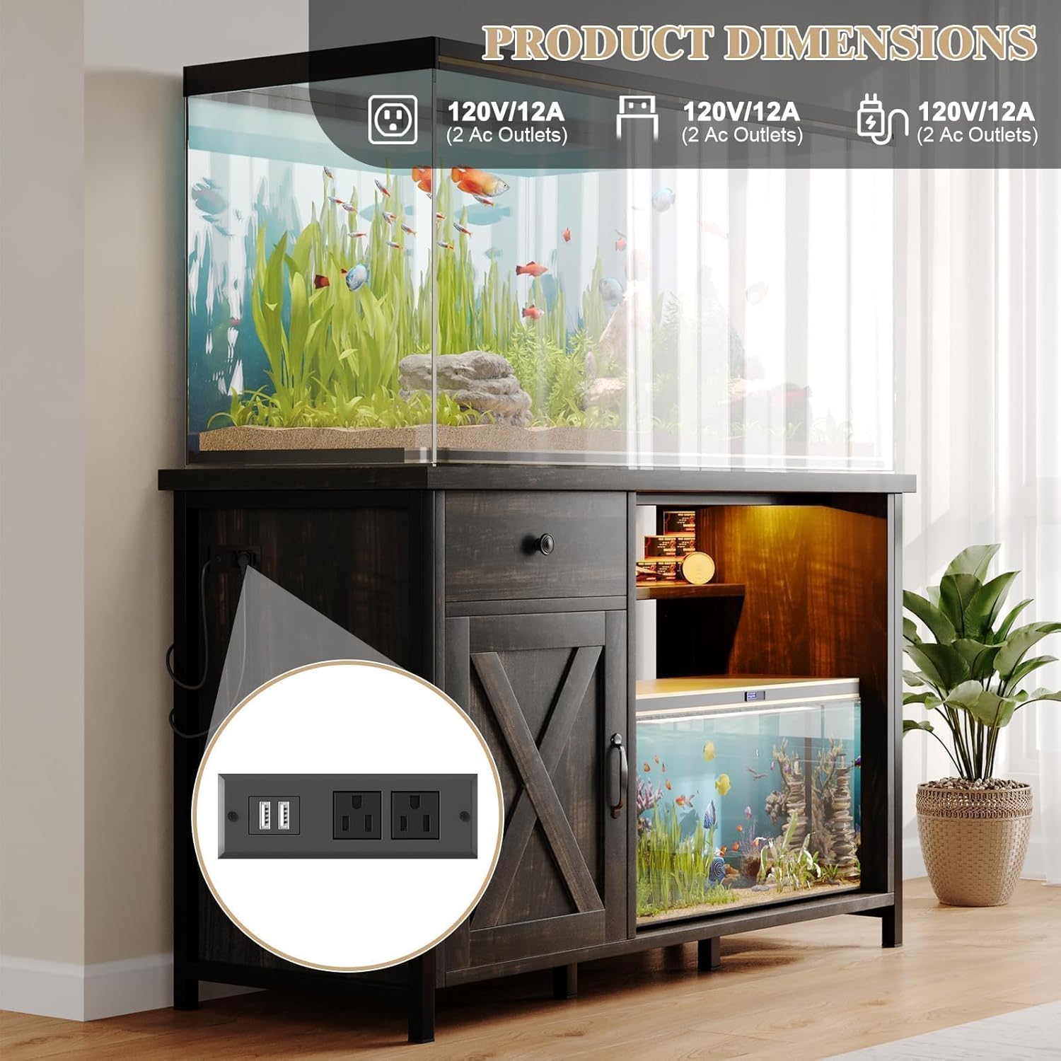 4ever2buy 55 Gallon Fish Tank Stand with LED Light & Power Outlets, 55-75 Gallon Aquarium Stand with Drawer & Barn Door, Cabinet for Fish Tank Accessories Storage for Reptile Tank, Turtle Tank, Oak