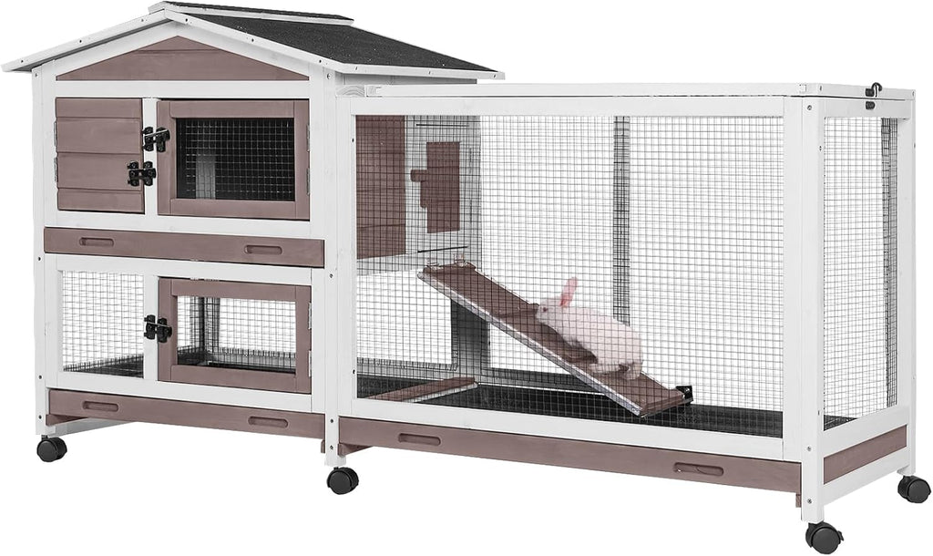 GUTINNEEN Rabbit Hutch with Chew-Resistant Ramp Indoor Bunny Cage Outdoor Guinea Pig Cage with Wheels and Leakproof Tray