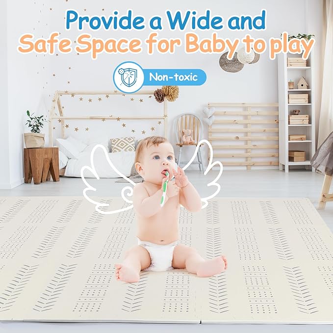 Tinideya 12 Tiles Baby Play Mats 6ft x 8ft Cream Color Puzzle Floor Mat Toddlers Waterproof Crawling Mat for Tummy Time, Crawling & Playroom