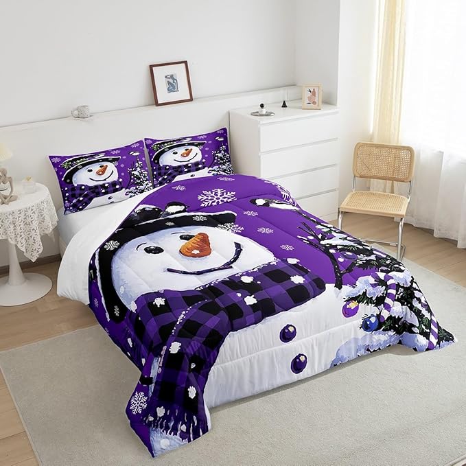 Feelyou Kids Christmas Theme Decorations Bedding Set Xmas Snowman Comforter Set for Boys Girls Snowflake Kawaii Cute Purple Bedroom Collection Full Size