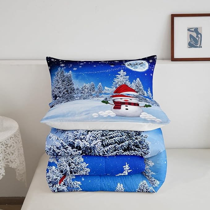 Feelyou Christmas Comforter Set Snowman Decorations Bedding Set for Kids Boys Girls Xmas Winter Decor Blue Quilt Room 3Pcs Queen Size