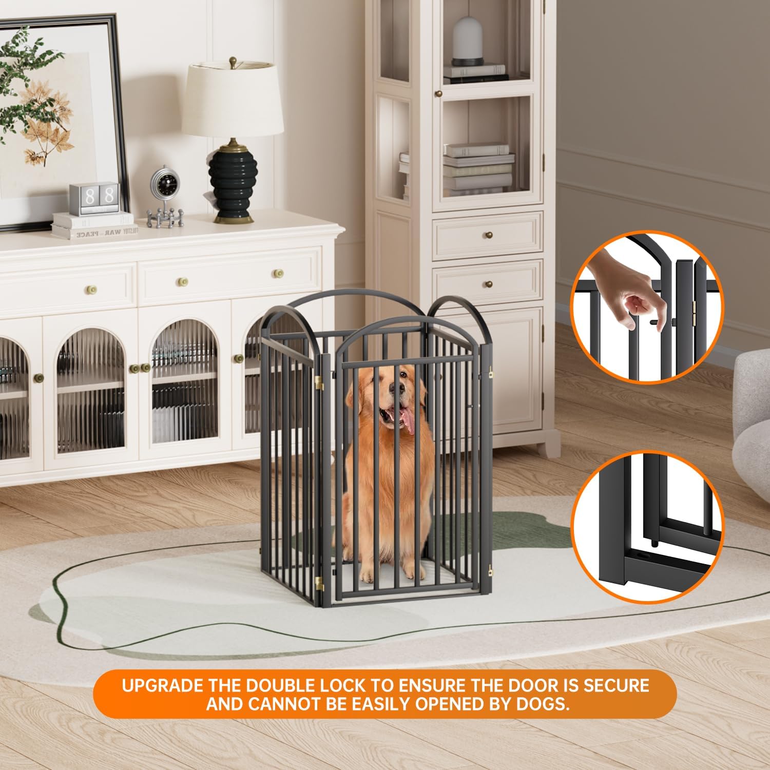 4 Panles Full Matel Freestanding Dog Gates with Door, 96"Extra Wide 36"Tall Free Standing Dog Pet Gate for Indoor & Outdoor. Foldable Pet Fences for Doorways, House, Stairs, Porch, Deck, Yard