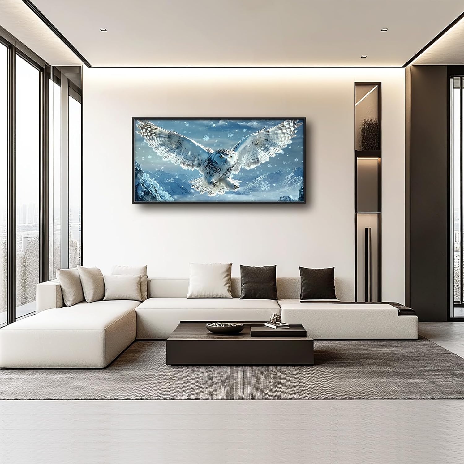 Framed Large Snowy Owl Wall Art for Living Room, Oversized Snowy Mountain Wall Decor Landscape Canvas Painting Modern Artwork Home Decoration for Living Room Bedroom Office 60"x30"