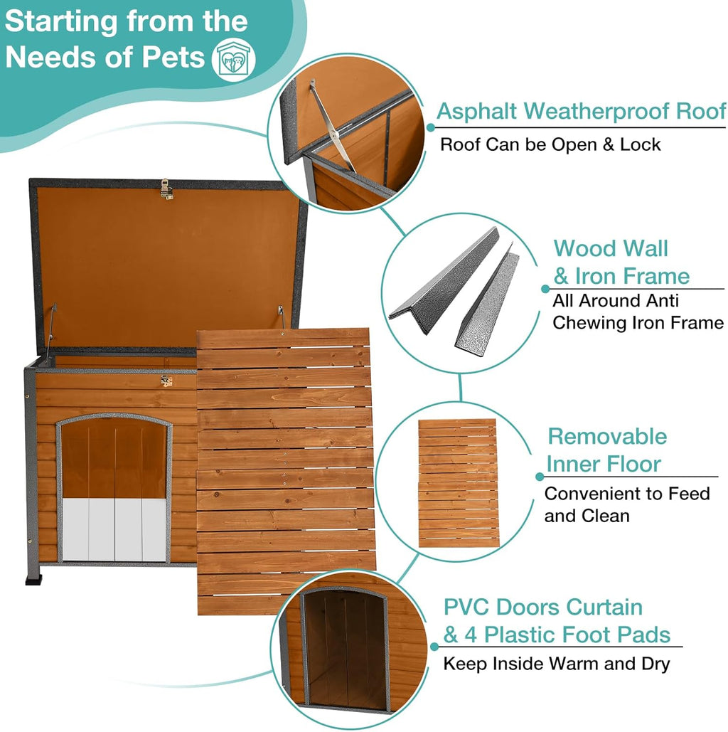 Indoor Outdoor Dog House,Anti-Chewing Iron Frame Dog Kennel,Wood Warm Pets Home,Weatherproof Outside Shelter (43.3" (L) x 29.4" (W) x 33.4" (H) Brown)