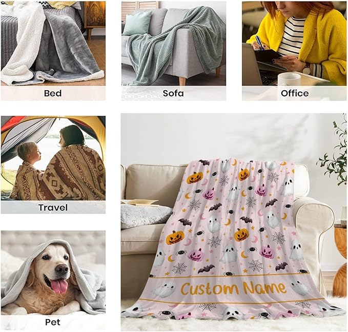 Custom Halloween Ghost Blanket | Personalized for Boys Girls | Plush Cozy Name Blanket | Halloween Decor Gifts | 40"x50"-Kids/Throw Size