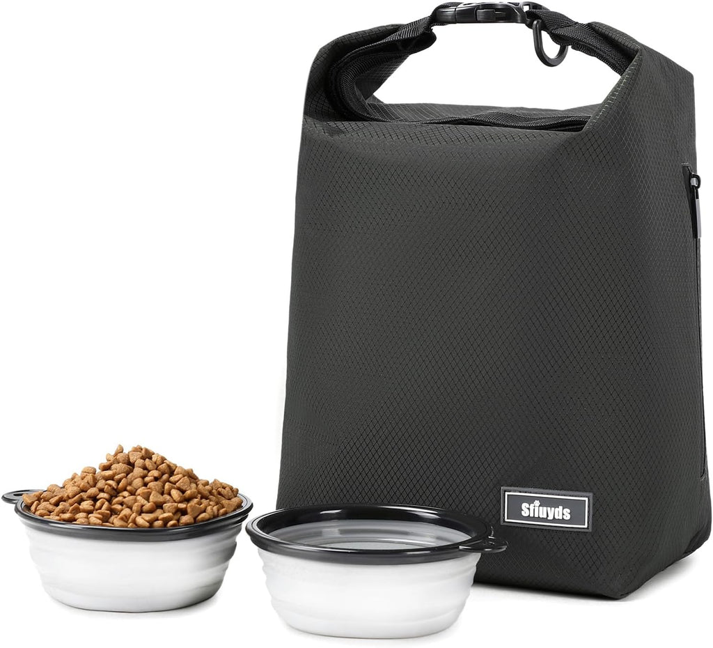 Pet Food Storage Bag，Dog Food Travel Bag with 2PCS Collapsible Dog Travel Bowls,Waterproof Kibble Storage Container for Road Trips, Camping (Black, Small)