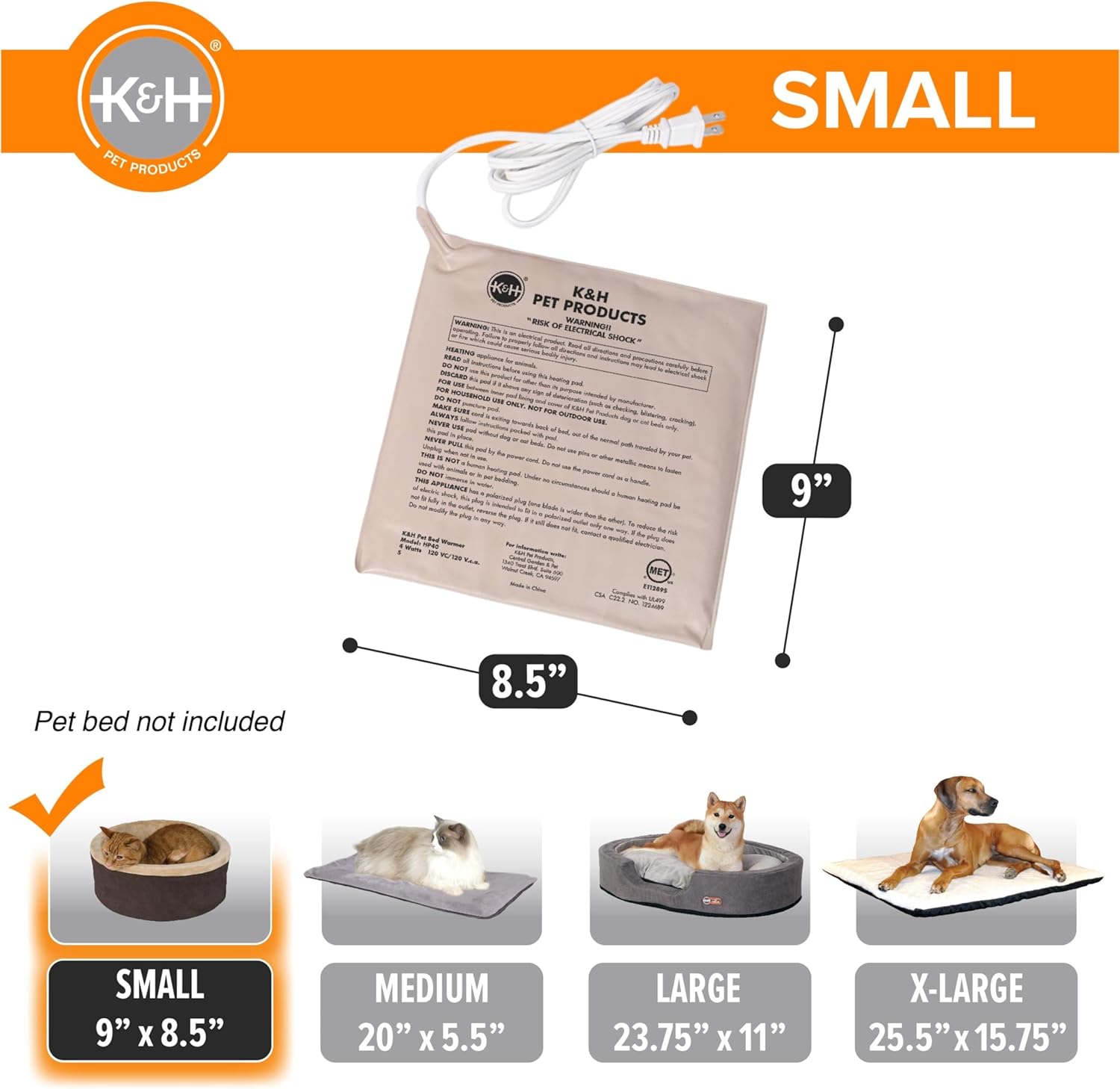 K&H Pet Products Pet Bed Warmer, Turn Any Pet Bed Into a Heated Cat or Dog Bed, Waterproof Indoor Heated Warming Pad Insert, Automatic Temperature, Safety Listed - Small 9 X 8.5in Tan