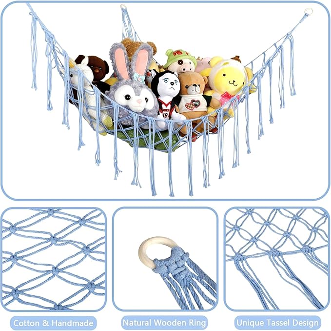 Stuffed Animal Hammock Corner, Hand-knitted Large Plushie Net Toy Hammock with Wooden Rings | Boho Cute Stuff Animal Storage for Nursery & Bedroom | Mesh Kids Toy Organizer Holder Nursery Room Decor