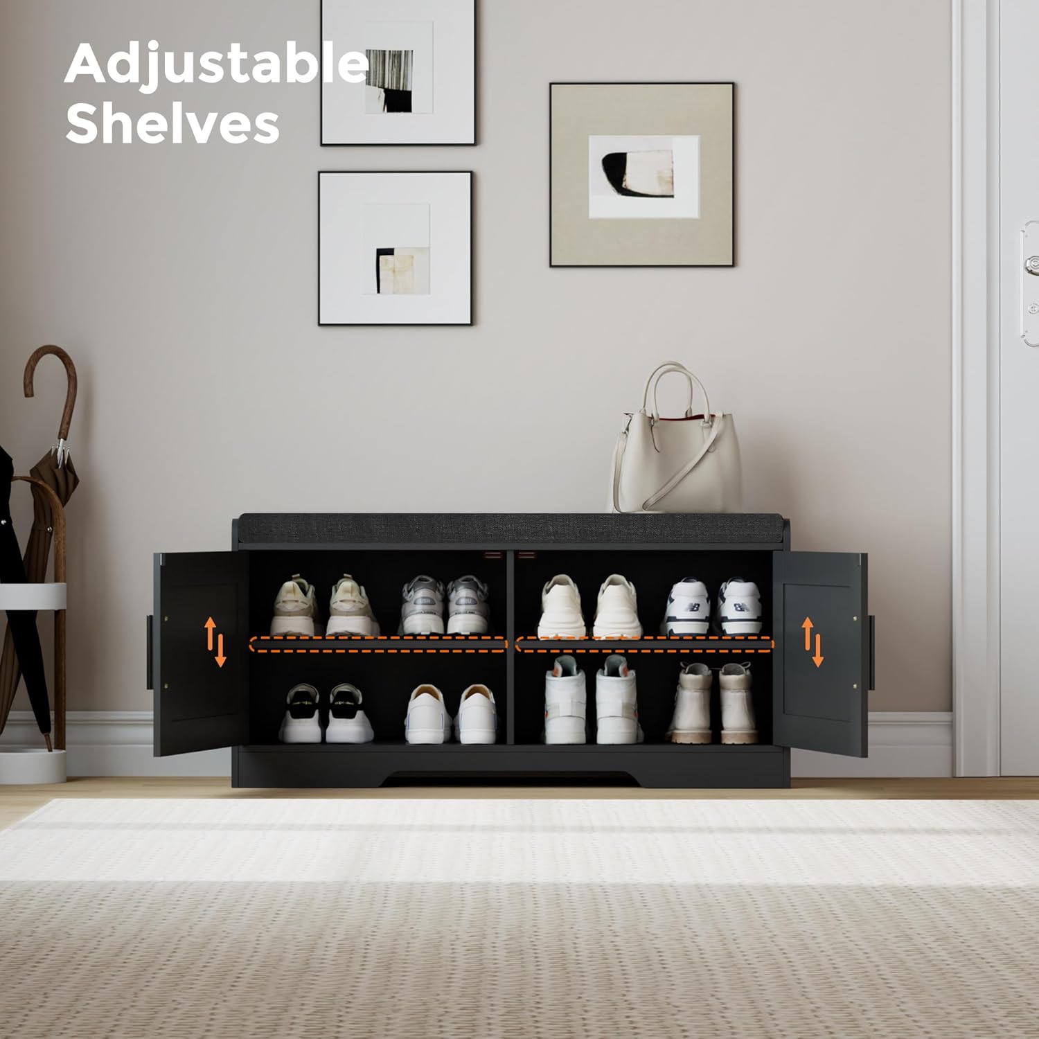 2-Tier Storage Bench, Shoe Bench with Thickened Padded Seat Cushion, Entryway Bench with 2 Doors, Adjustable Shelf, 13.8" D x 37.4" W x 18.5" H, for Entryway, Living Room, Bedroom, Black