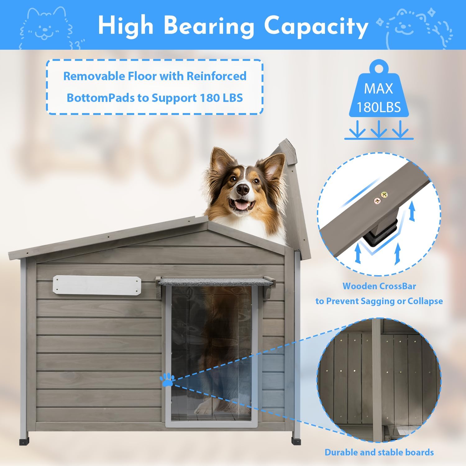 Outdoor Dog House Weatherproof Large Wooden Dog Kennel Indoor for Small Dogs with Chew-Proof Frame, Oxford Fabric Window, Removable Floor Pet Shelter (Grey, 40.1" D x 26.4" W x 28" H)