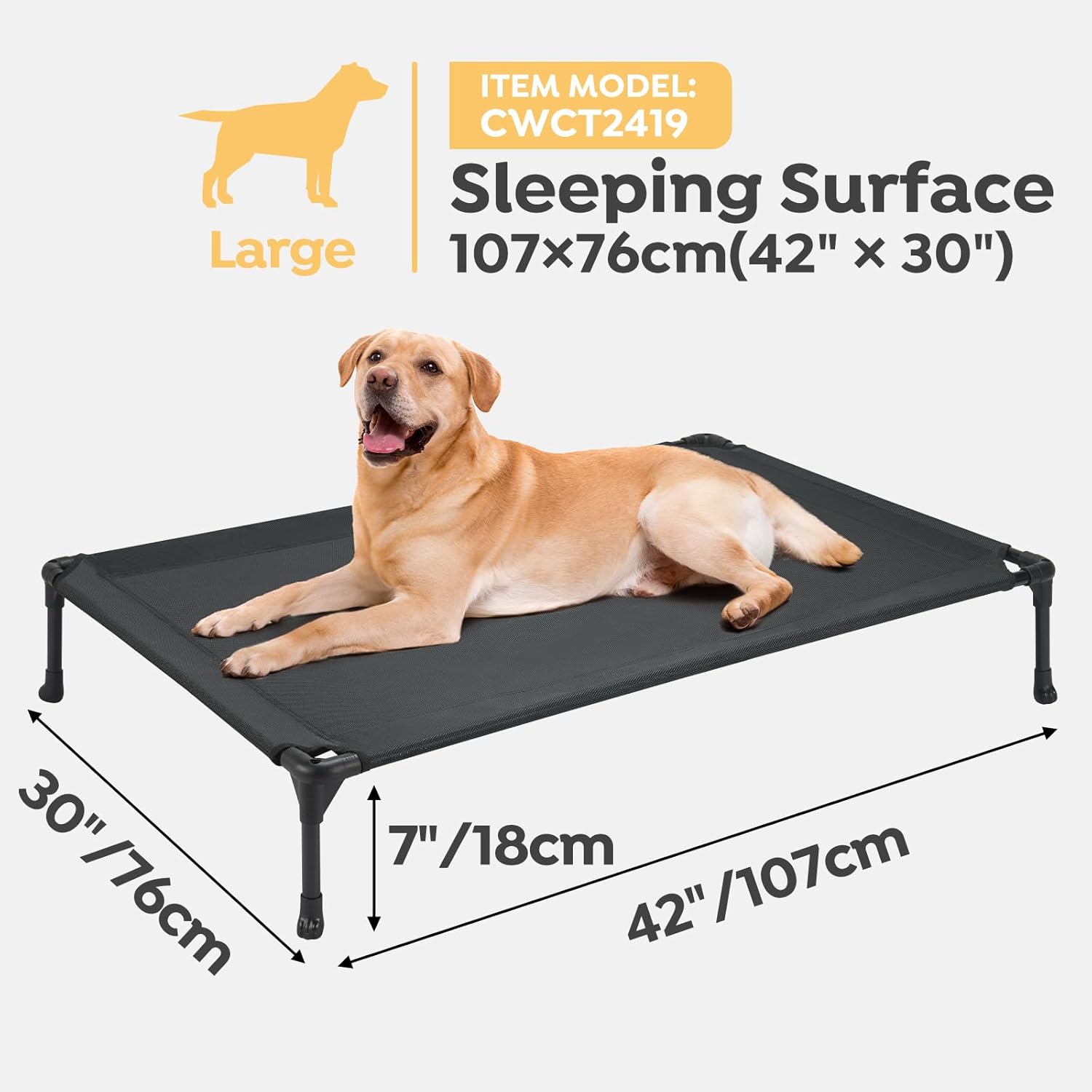 Veehoo Portable Raised Dog Cot, Cooling Elevated Pet Bed with Washable & Breathable Mesh, No-Slip Feet, Durable Dog Cot for Large Dogs, 42" x 30", Black