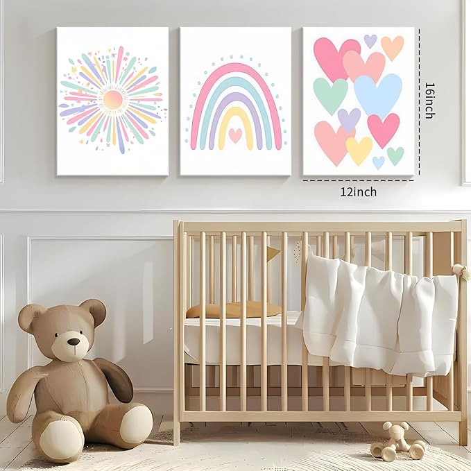 Dytial 3 Piece Toddler Girl Room Decor, Rainbow Wall Decor for Girls Bedroom, Colorful Boho Sunshine Paintings for Nursery Decor, Kids Room Wall Decor, Classroom Decoration 12x16 Inch