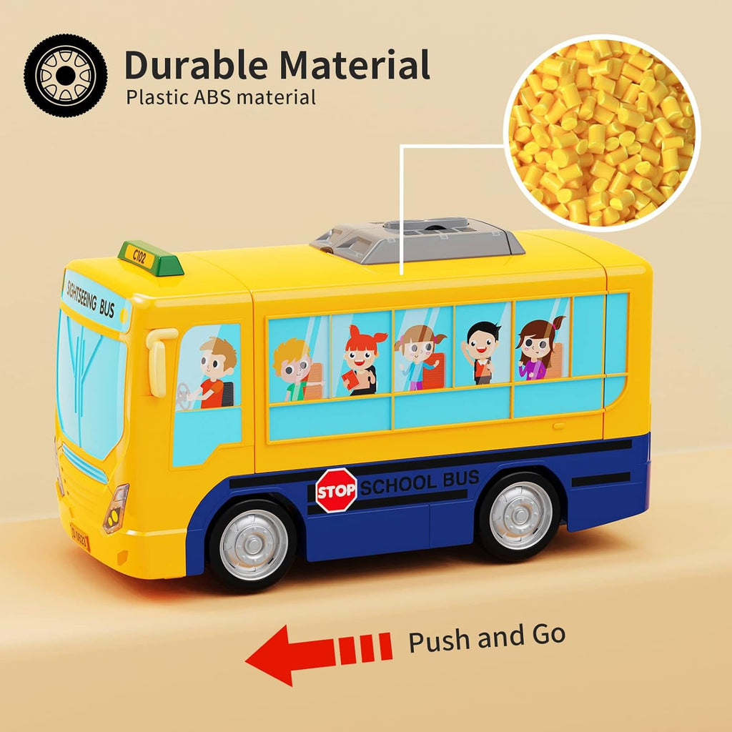 HONGTUO School Bus Toy with Sound and Light Simulation Steering Wheel Driving Toy Toddlers School Bus Toys with Music Education Knowledge Simulate School Scenes Gift for 3-5 Boys & Girls