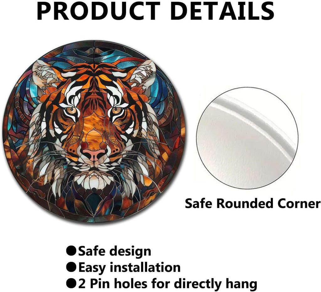 Lygond Metal Sign Tin Sign Circular Stained Glass Tigle Tin Signs Gardening for Yard 12×12 Inches