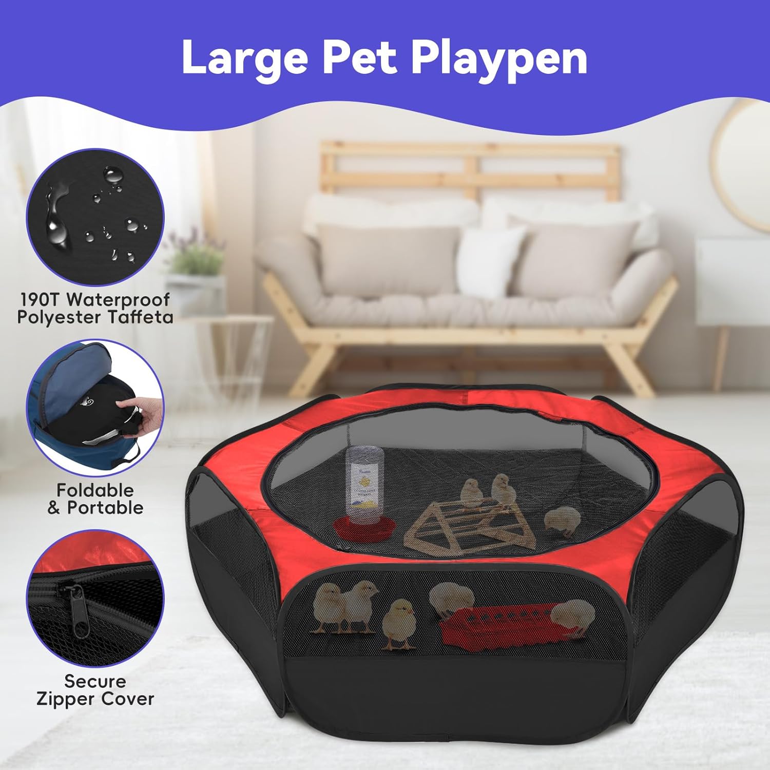 Pawaboo 5-in-1 Chicken Brooder Box for Chick Starter Kit, Includes Pet Cage Tent, Chicks Perch, Chicks Feeder, 1.1L Chick Waterer, Baby Chicken Supplies (Brooder Set), Red+Black