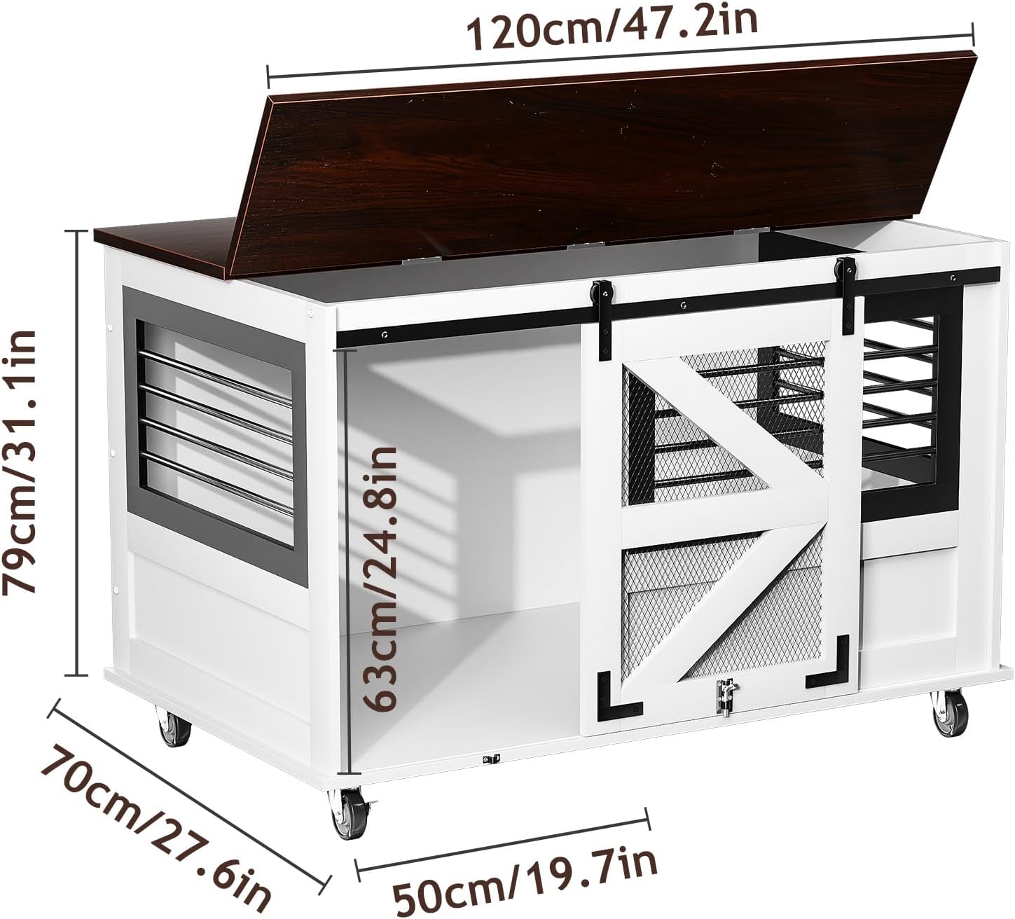 47 inch XL Dog Crate Furniture with Top-Access Teasing/Feeding Doors, Farmhouse Wooden Decorative Dog Crates with Wheels, Chew-Resistant Dog Crates End Table for Medium&Large Dogs, White