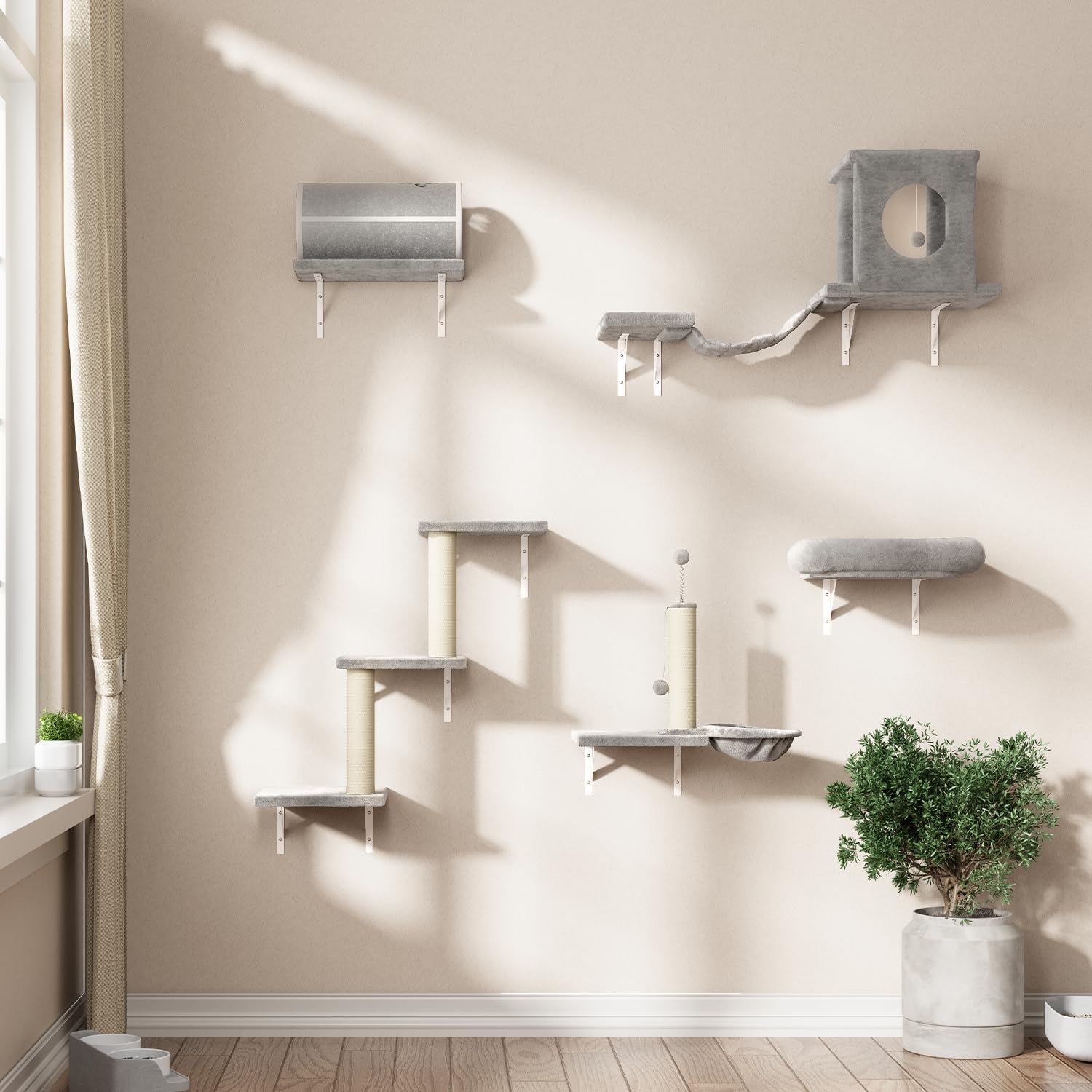 NUNU LAB Cat Wall Shelves Set, 7 Pcs Wall-Mounted Cat Climber with Cat House, Tunnel, Bridge, Scratching Post, Hammock, Wall Shelves, Gray