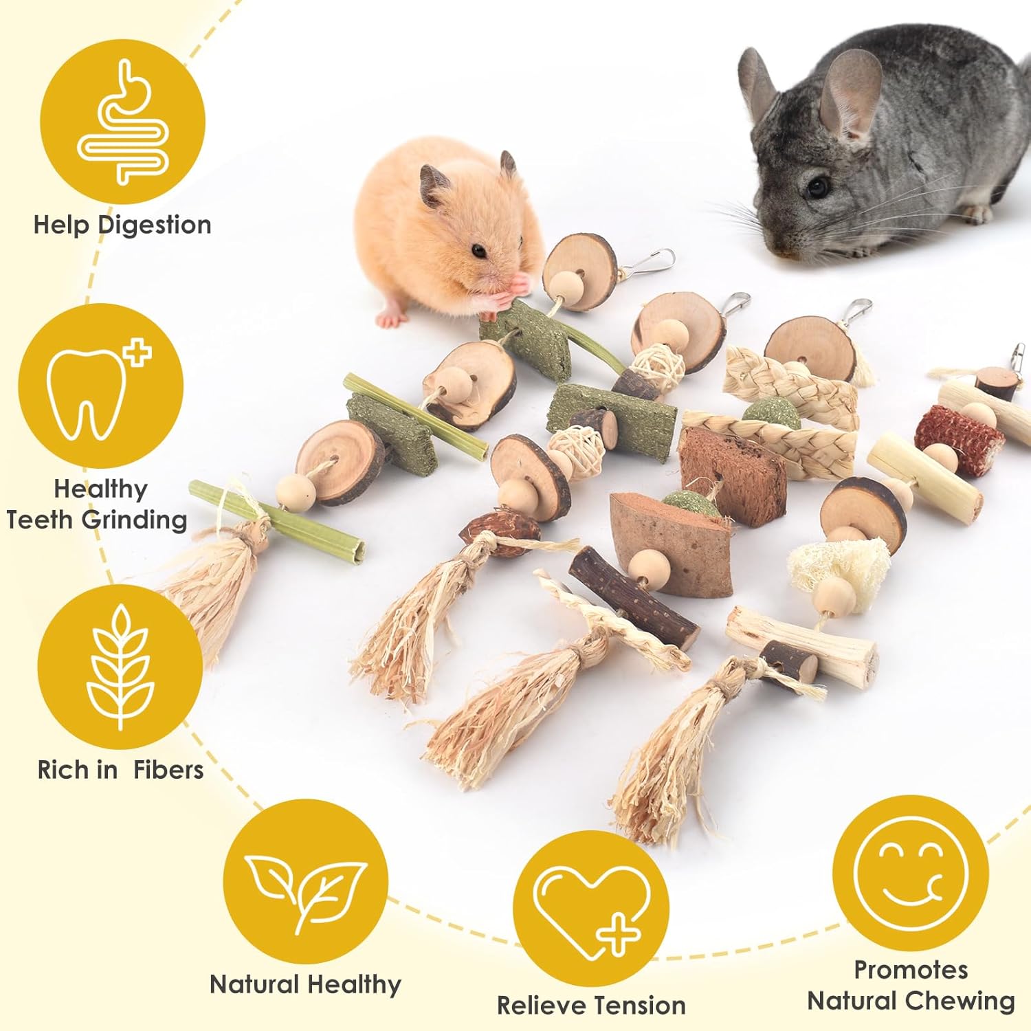 4 Pcs Bunny Chew Toys for Teeth, Hanging Rabbit Chewing Toy Treats with Timothy Grass & Natural Apple Wood, Improve Small Rodent Dental Health for Guinea Pig Hamster Chinchilla Rat Gerbil