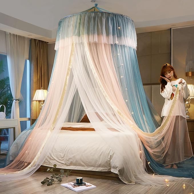 AIKASY Princess Bed Canopy for Girls & Adults, Elegant Double-Layer Bed Curtain, Children's Dream Round Lace Mosquito Net - Fits Twin, Full, Queen, and King Beds(Blue/Pink/White)
