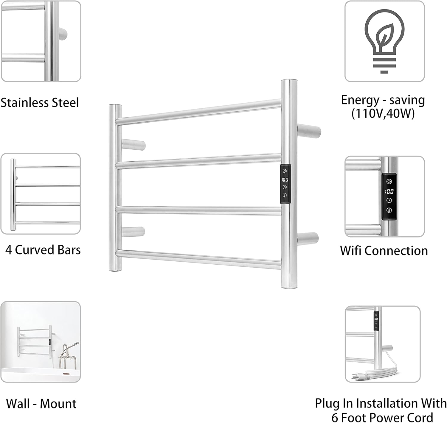 KEG Smart WiFi Towel Warmer Wall Mounted with Built-in Timer and Temperature Adjust Control, 4 Bars Electric Stainless Steel Heated Towel Racks for Bathroom Brushed Nickel