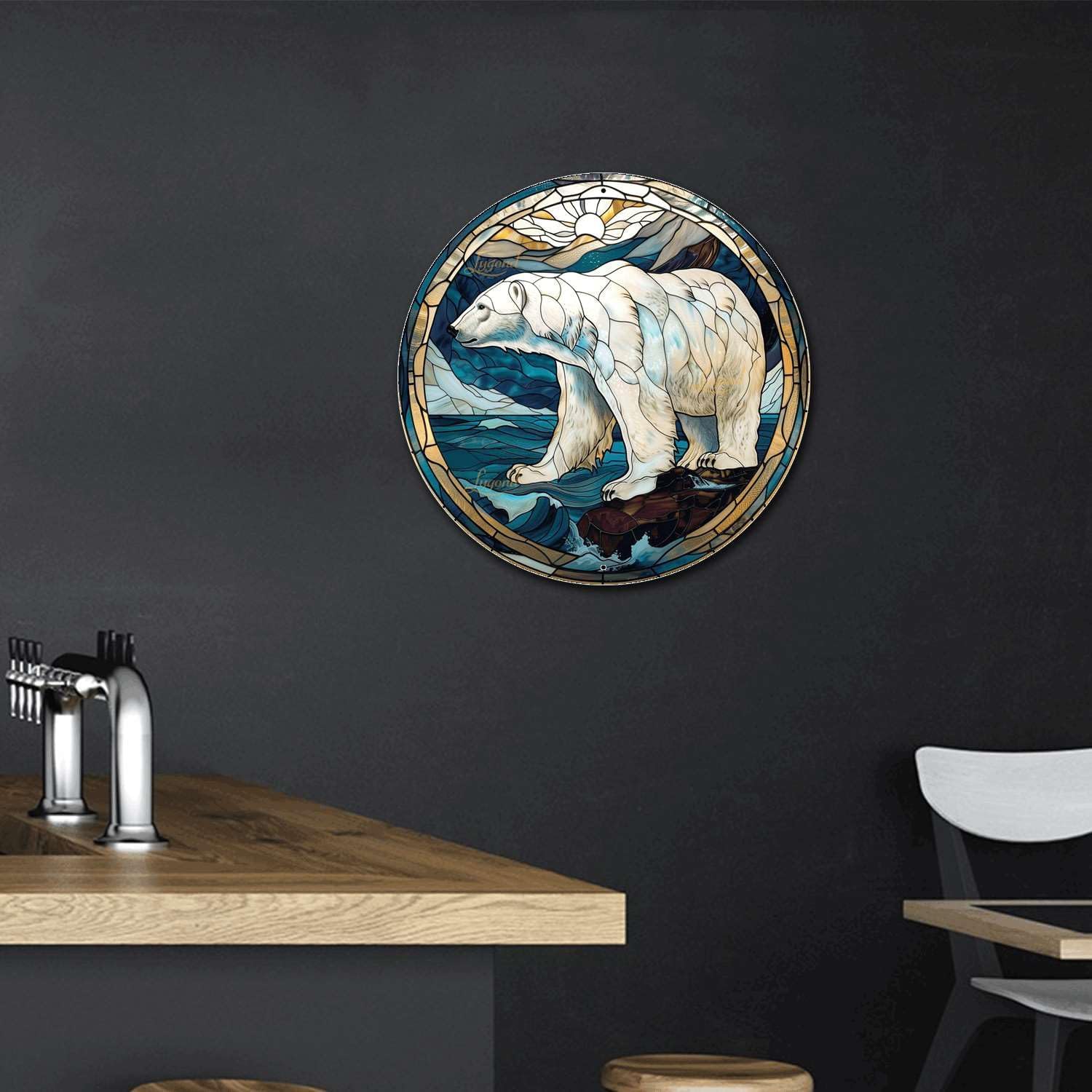 Lygond Metal Sign Tin Sign Circular Stained Glass Polar Bear3 Bar Signs For Home Bar For Yard 12×12 Inches