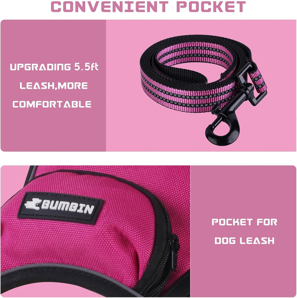 BUMBIN Dog Harness for Large Dogs, No Pull Adjustable No Choke Pet Vest with Dog Leash Fit Smart Reflective Pet Walking Harness for Training Easy Control Soft Handle Rose Red L