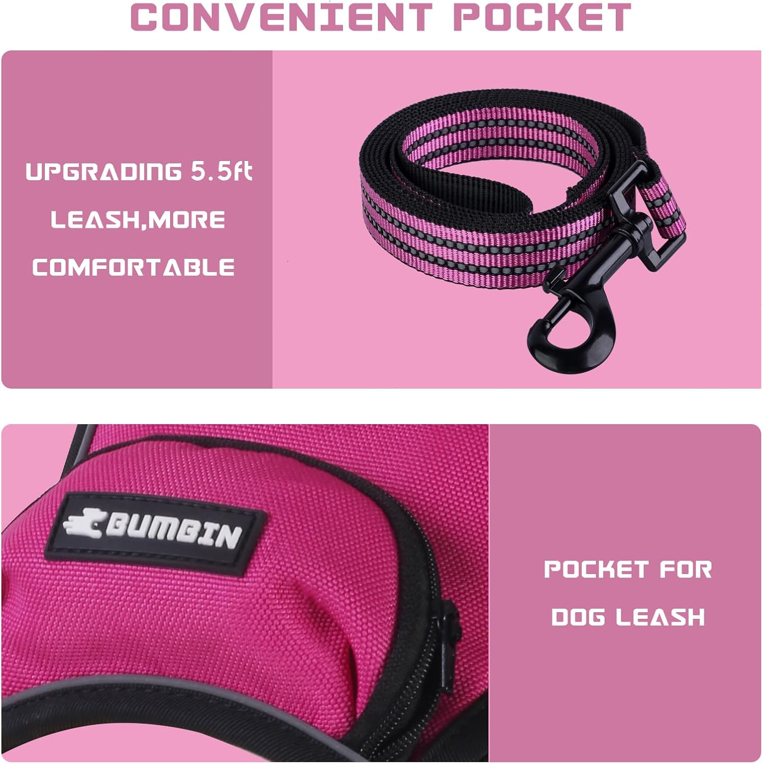 BUMBIN Dog Harness for Large Dogs, No Pull Adjustable No Choke Pet Vest with Dog Leash Fit Smart Reflective Pet Walking Harness for Training Easy Control Soft Handle Rose Red L