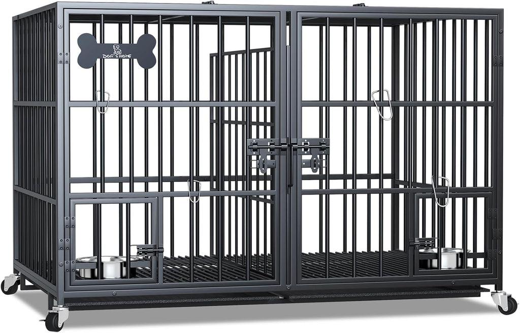 aboxoo 48/42 inch XL Dog Crate for Large Dog/Double Medium Dogs,Heavy Duty Metal Dog Cages,All Metal Open Top,Dog Kennel Indoor with Wheels,Floor Grid, Tray, Divider and Feeding Bowl