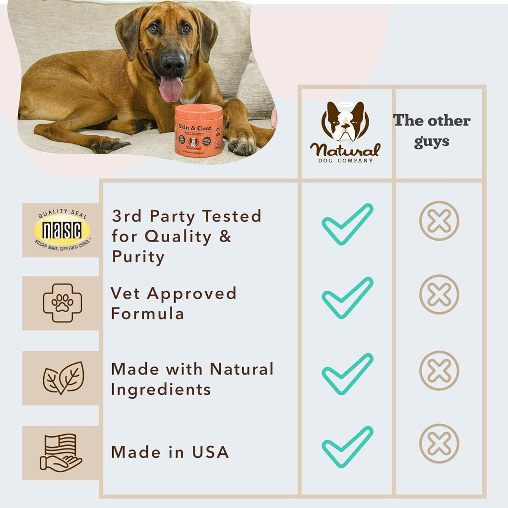 Natural Dog Company Skin & Coat Supplement for Dogs Omega-3 Rich Salmon Oil Chews for Itchy Skin Relief, Shedding & Allergy Support, Shiny Coat Health, with Biotin, Vitamin E, Grain-Free (90 Count)