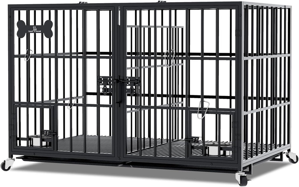 aboxoo 42/48 inch Heavy Duty Metal Dog Crate for 2 Dogs/Large Dog,All Metal Open Top Stackable,Dog Kennel Indoor with Wheels,Floor Grid, Tray, Divider and Feeding Bowl