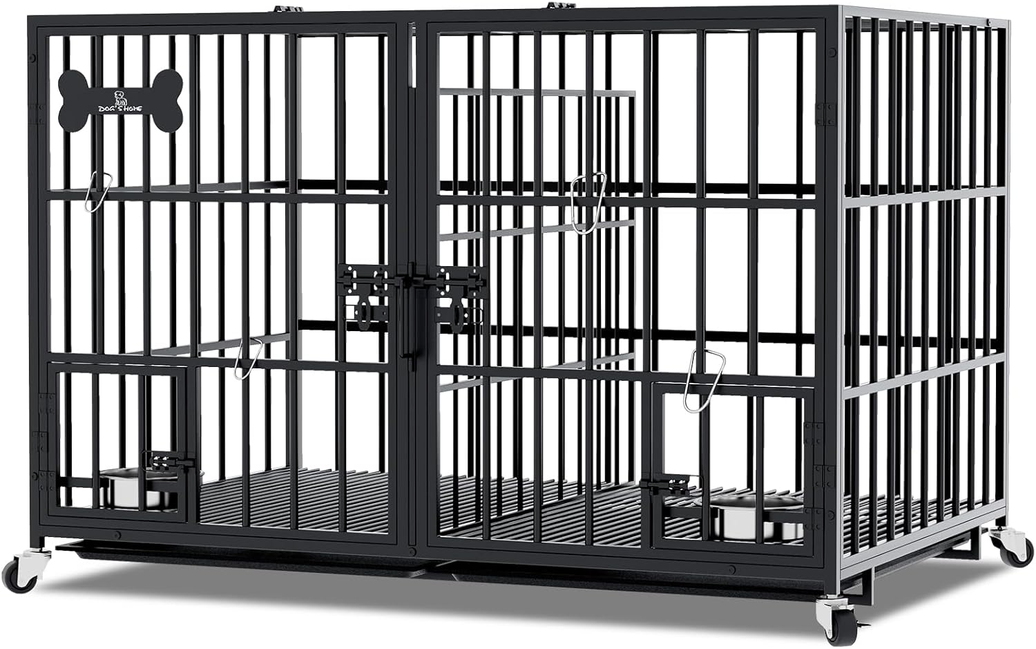 aboxoo 42/48 inch Heavy Duty Metal Dog Crate for 2 Dogs/Large Dog,All Metal Open Top Stackable,Dog Kennel Indoor with Wheels,Floor Grid, Tray, Divider and Feeding Bowl