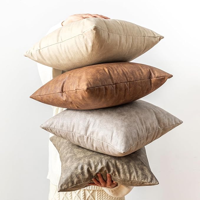 Pack of 4 Oversized Faux Leather Neutral Decorative Throw Pillow Covers 24x24 - Image 2